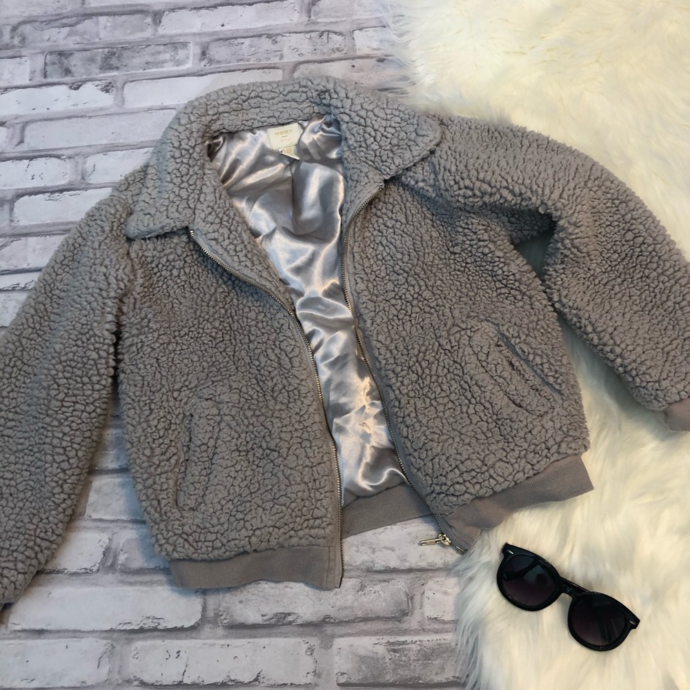 girls grey sherpa satin line jacket